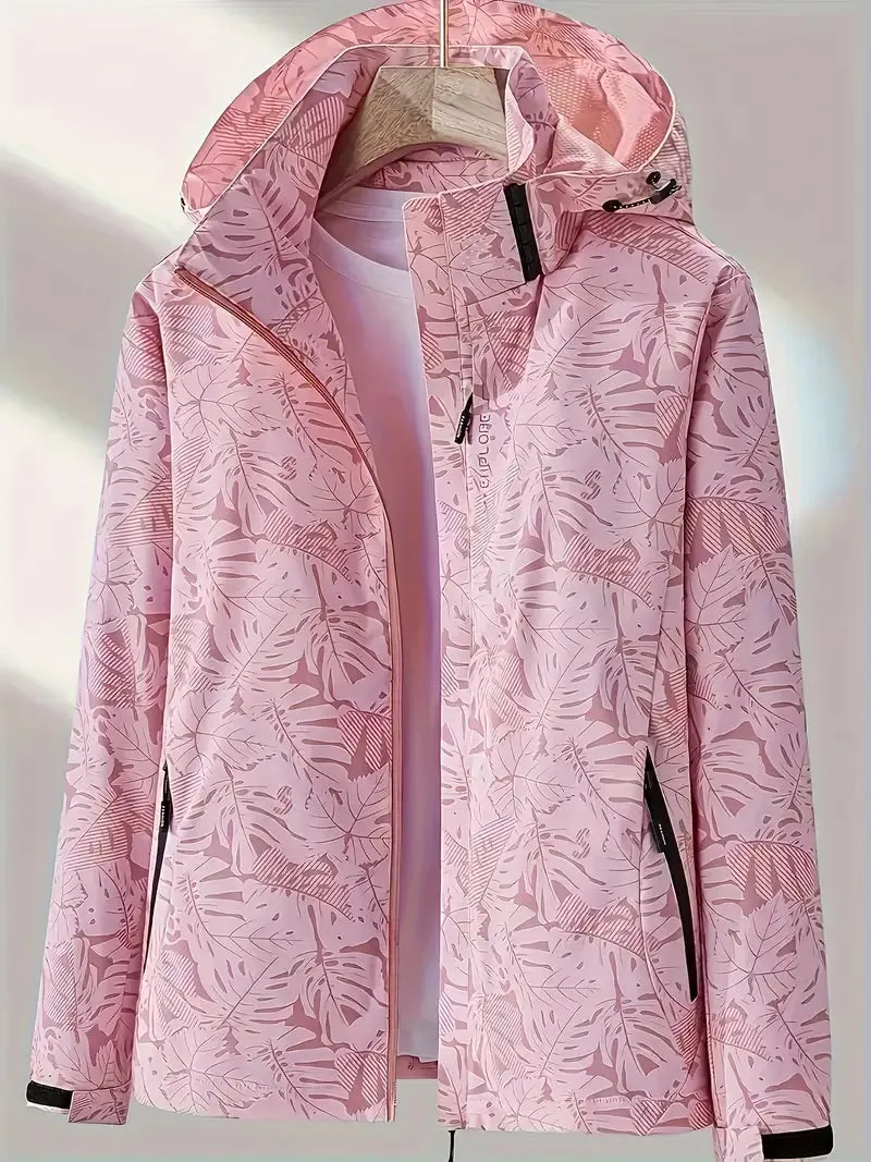 NEW Leaf Print Outdoor Jacket With Removable Hood, Women's Windproof & Rainproof Jacket, Women's Outdoor Clothing, Pink, Fits Sz M, Retails $149 