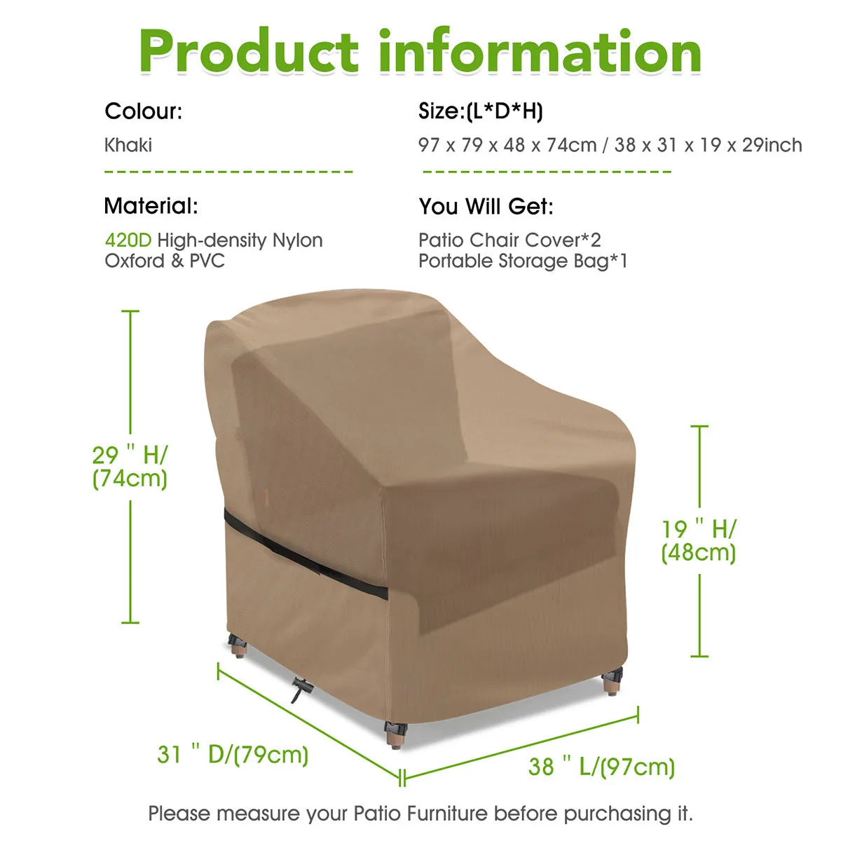 NEW NASUM Patio Chair Covers, 2 Pack Outdoor Seat, Waterproof and Heavy, Beige