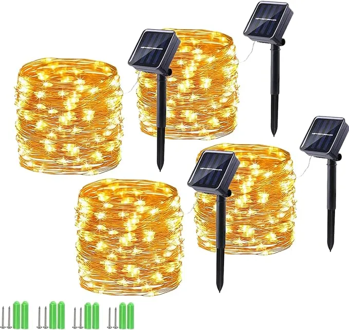 New Solar String Lights, 4 Pack 55Ft 150 LED Solar Fairy Lights, 8 Modes Waterproof Outdoor Christmas Lights, Copper Wire Solar Powered Patio Lights for Garden, Tree, Home, Trees Decor (Warm White)