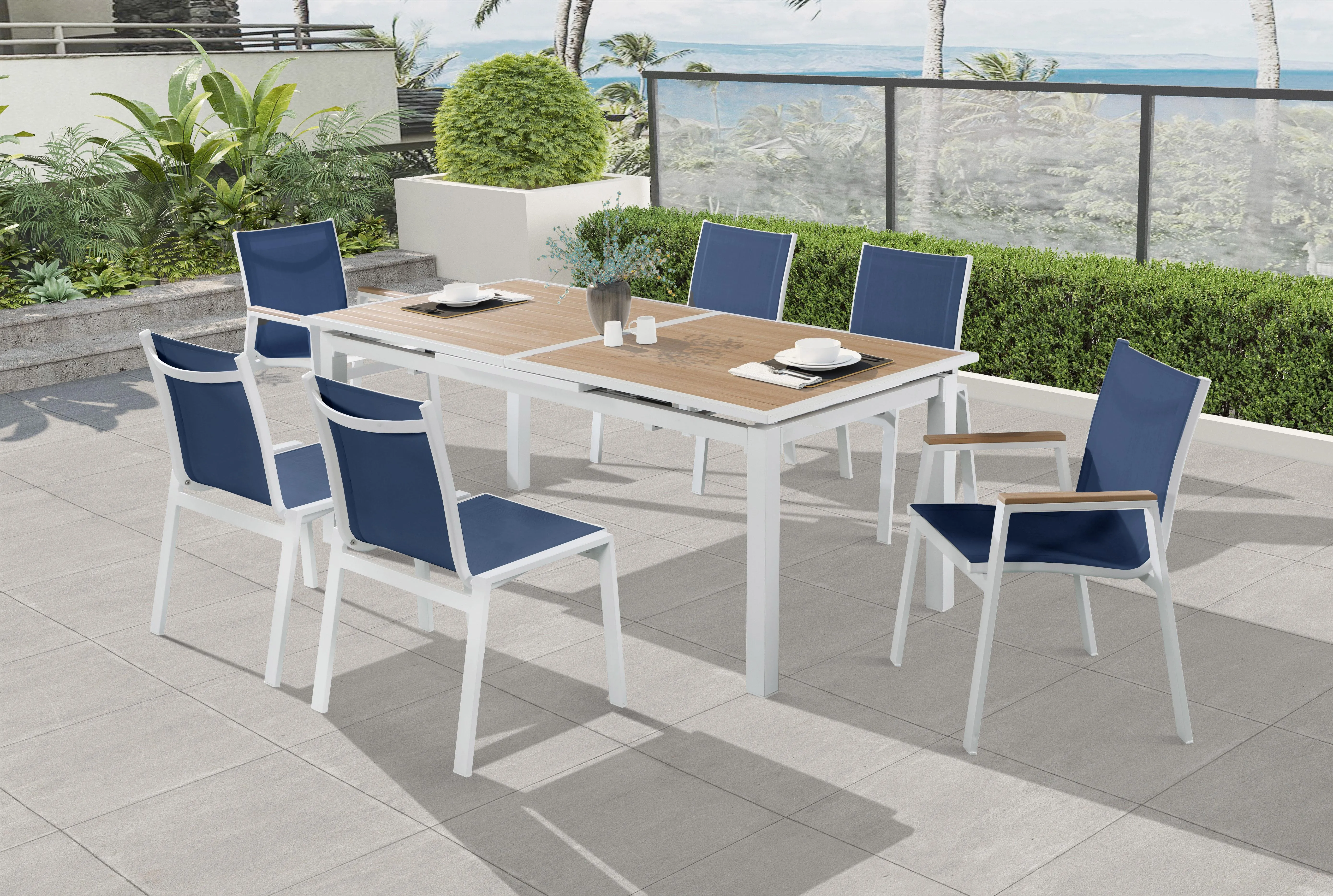 Nizuc Navy Mesh Waterproof Fabric Outdoor Patio Aluminum Mesh Dining Arm Chair