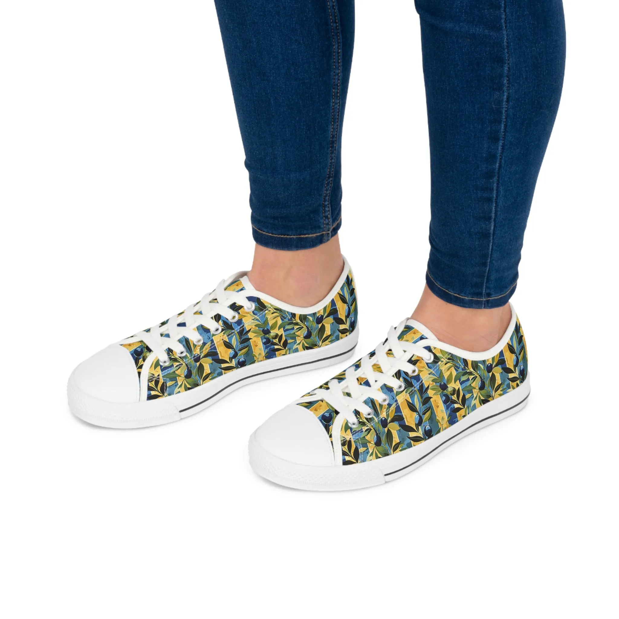 Olive Orchard Stripes Ladies' Low Top Sneakers - Step Into Rustic Elegance – Where Classic Stripes Meet Orchard Beauty!