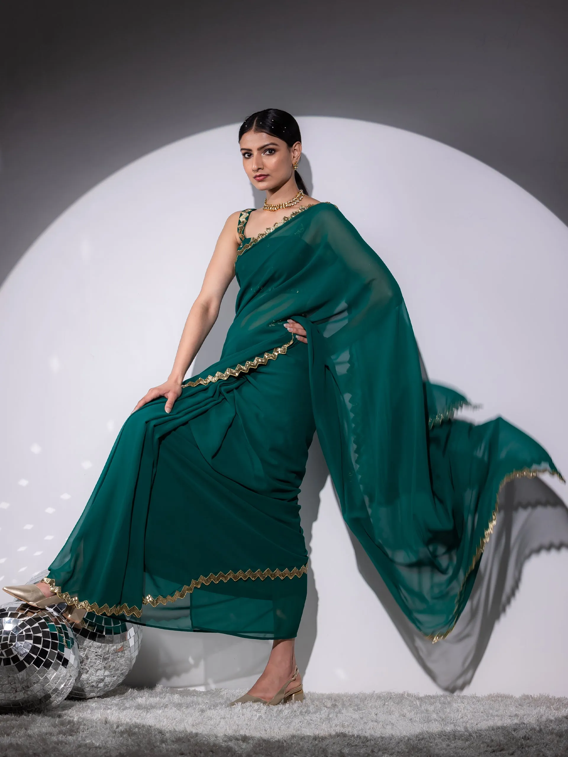 Rich Green Sequin Georgette Saree with Blouse fabric