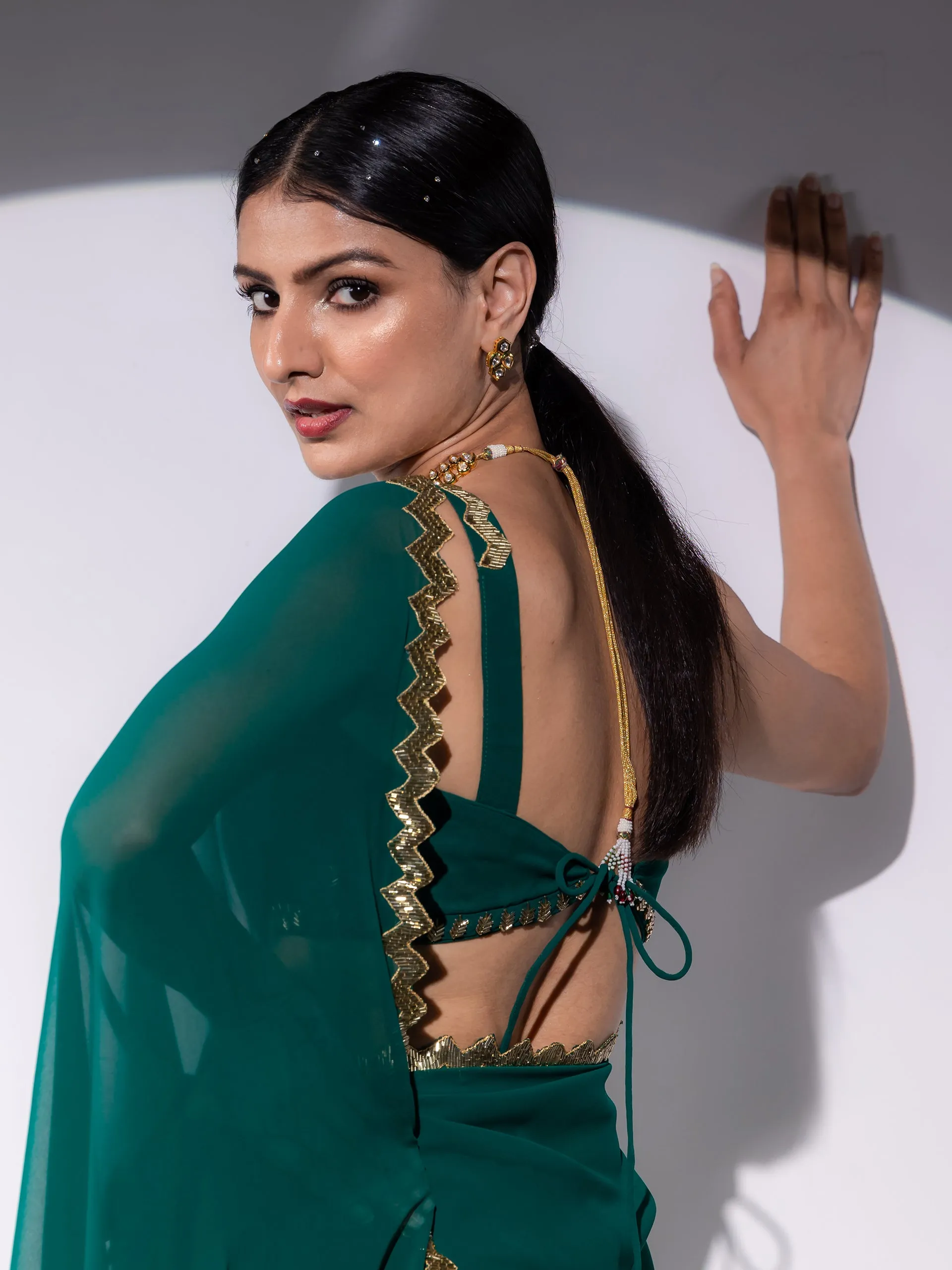 Rich Green Sequin Georgette Saree with Blouse fabric