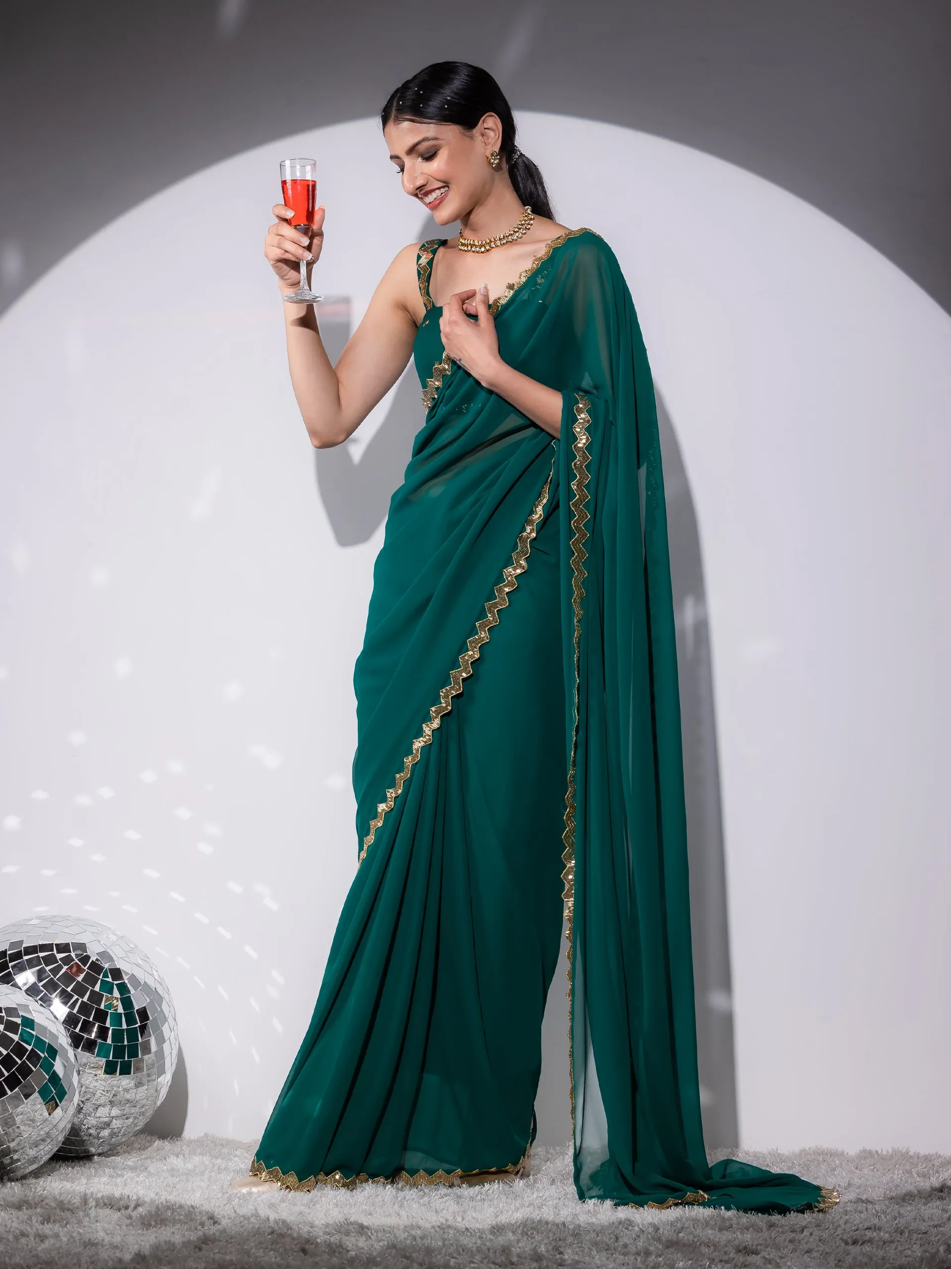 Rich Green Sequin Georgette Saree with Blouse fabric