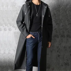 StormGuard™ | Men's Long Black Hooded Coat | Water-Resistant, Lightweight Fabric & Adjustable Drawstring