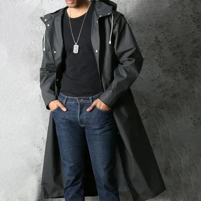 StormGuard™ | Men's Long Black Hooded Coat | Water-Resistant, Lightweight Fabric & Adjustable Drawstring