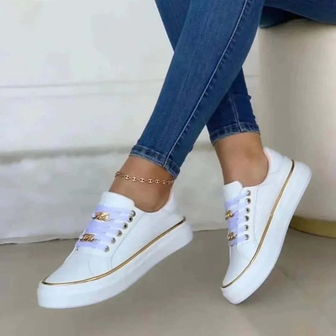 Trainers Luxe™ | Women's White Sneakers | Breathable Canvas, Gold Accent, Lightweight Comfort